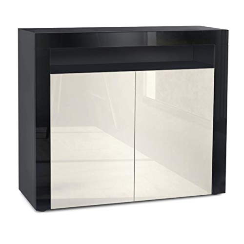 Vladon, Vladon Cabinet Chest of Drawers Valencia, Carcass in Black matt/Front in Cream High Gloss with a frame in Black High Gloss