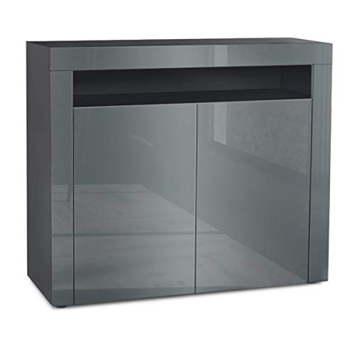 Vladon, Vladon Cabinet Chest of Drawers Valencia, Carcass in Black matt/Front in Grey High Gloss with a frame in Grey High Gloss