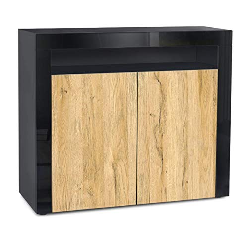 Vladon, Vladon Cabinet Chest of Drawers Valencia, Carcass in Black matt/Front in Oak Nature with a frame in Black High Gloss