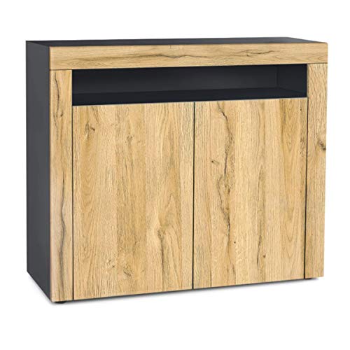 Vladon, Vladon Cabinet Chest of Drawers Valencia, Carcass in Black matt/Front in Oak Nature with a frame in Oak Nature