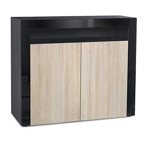 Vladon, Vladon Cabinet Chest of Drawers Valencia, Carcass in Black matt/Front in Rough-sawn Oak with a frame in Black High Gloss