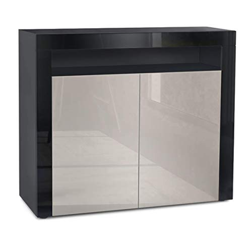 Vladon, Vladon Cabinet Chest of Drawers Valencia, Carcass in Black matt/Front in Sand grey High Gloss with a frame in Black High Gloss