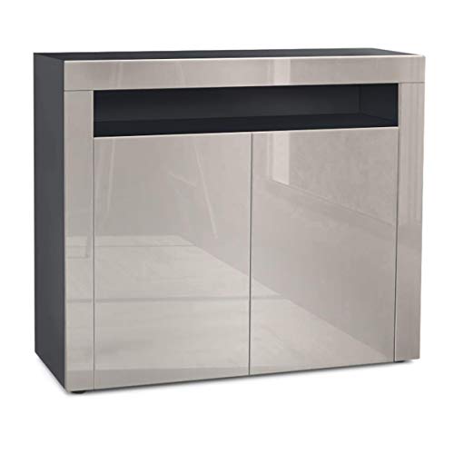 Vladon, Vladon Cabinet Chest of Drawers Valencia, Carcass in Black matt/Front in Sand grey High Gloss with a frame in Sand grey High Gloss