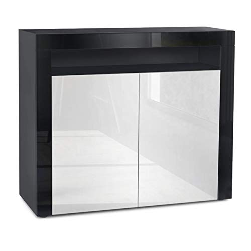 Vladon, Vladon Cabinet Chest of Drawers Valencia, Carcass in Black matt/Front in White High Gloss with a frame in Black High Gloss