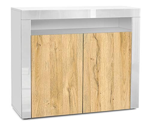 Vladon, Vladon Cabinet Chest of Drawers Valencia, Carcass in White matt/Front in Oak Nature with a frame in White High Gloss