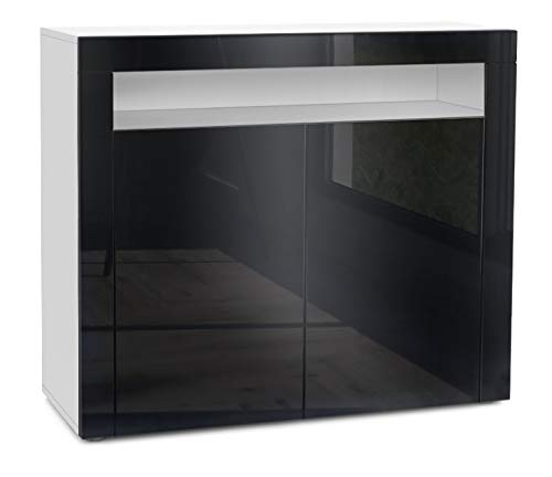 Vladon, Vladon Cabinet Cupboard Valencia, Carcass in White matt/Front in Black High Gloss with a frame in Black High Gloss