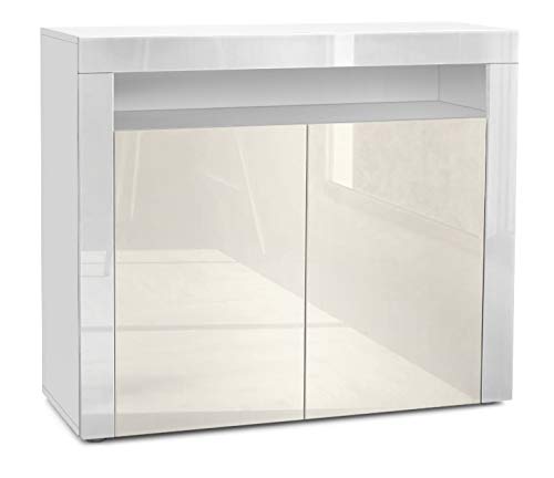 Vladon, Vladon Cabinet Cupboard Valencia, Carcass in White matt/Front in Cream High Gloss with a frame in White High Gloss