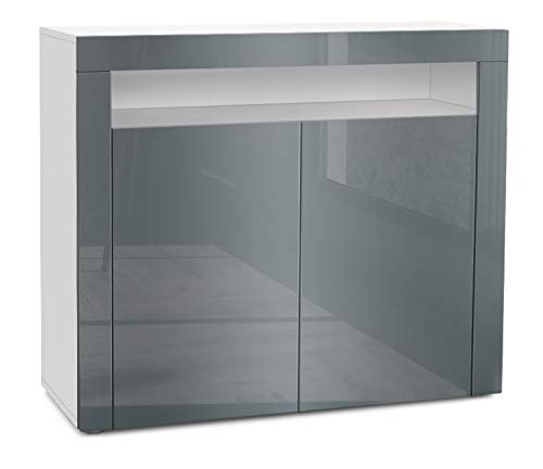 Vladon, Vladon Cabinet Cupboard Valencia, Carcass in White matt/Front in Grey High Gloss with a frame in Grey High Gloss