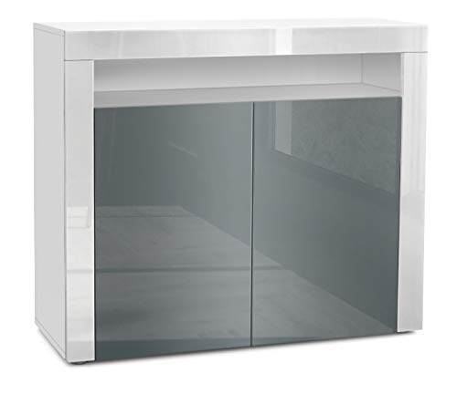 Vladon, Vladon Cabinet Cupboard Valencia, Carcass in White matt/Front in Grey High Gloss with a frame in White High Gloss