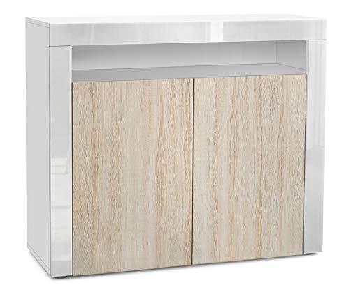 Vladon, Vladon Cabinet Cupboard Valencia, Carcass in White matt/Front in Rough-sawn Oak with a frame in White High Gloss