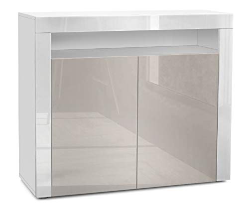 Vladon, Vladon Cabinet Cupboard Valencia, Carcass in White matt/Front in Sand grey High Gloss with a frame in White High Gloss