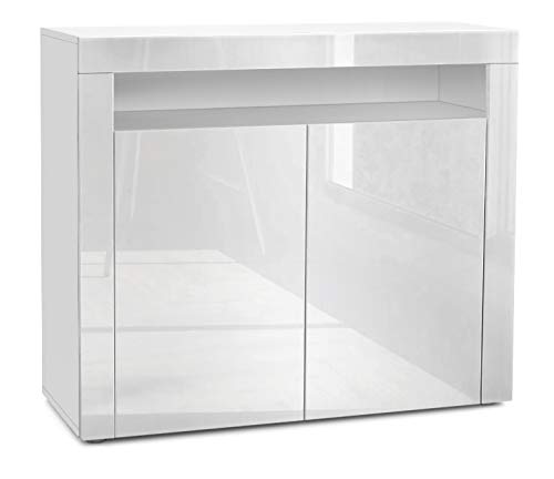 Vladon, Vladon Cabinet Cupboard Valencia, Carcass in White matt/Front in White High Gloss with a frame in White High Gloss