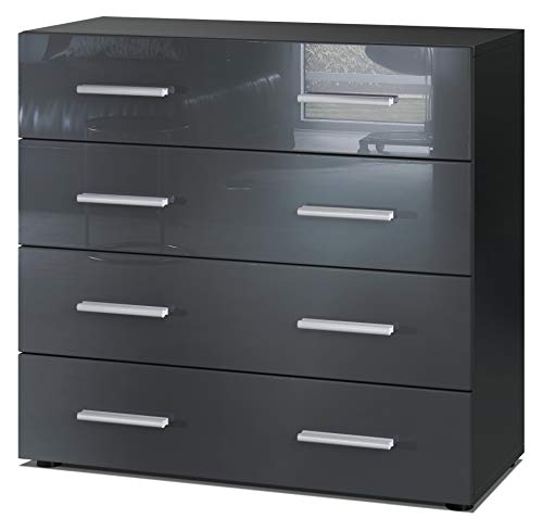Vladon, Vladon Chest Drawers Cabinet Pavos, Carcass in Black matt/Front in Grey High Gloss