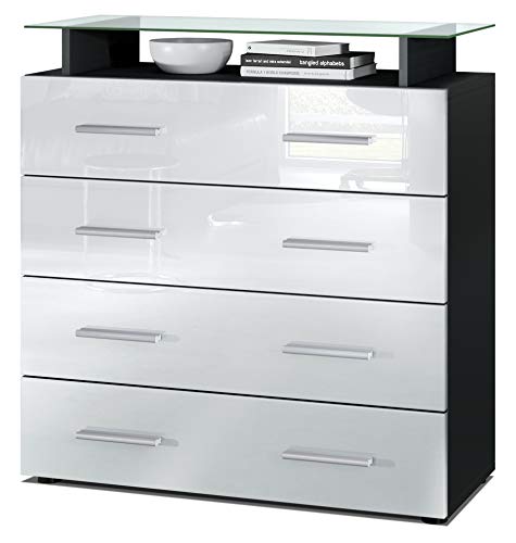 Vladon, Vladon Chest Drawers Cabinet Pavos V2, Carcass in Black matt/Front in White High Gloss