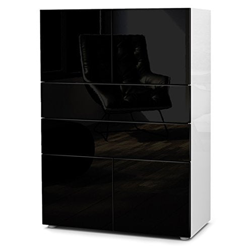 Vladon, Vladon Chest of Drawers Cabinet Massa V2, Carcass in White High Gloss/Front in Black High Gloss