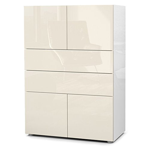 Vladon, Vladon Chest of Drawers Cabinet Massa V2, Carcass in White High Gloss/Front in Cream High Gloss