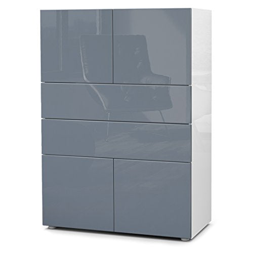 Vladon, Vladon Chest of Drawers Cabinet Massa V2, Carcass in White High Gloss/Front in Grey High Gloss