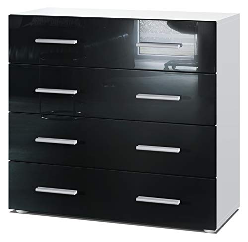 Vladon, Vladon Chest of Drawers Cabinet Pavos, Carcass in White matt/Front in Black High Gloss