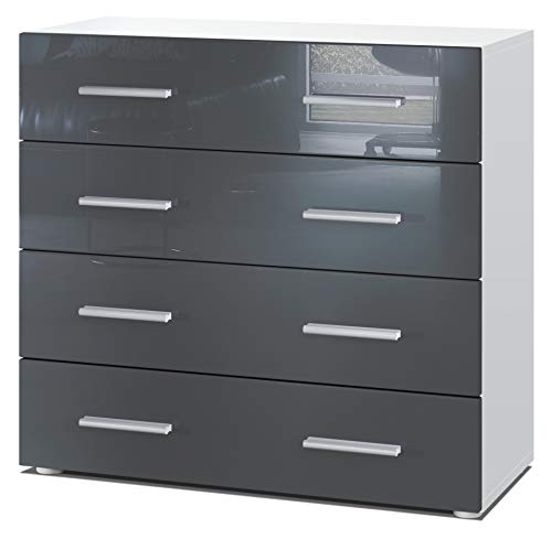 Vladon, Vladon Chest of Drawers Cabinet Pavos, Carcass in White matt/Front in Grey High Gloss
