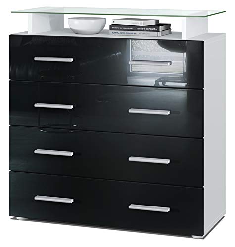 Vladon, Vladon Chest of Drawers Cabinet Pavos V2, Carcass in White matt/Front in Black High Gloss