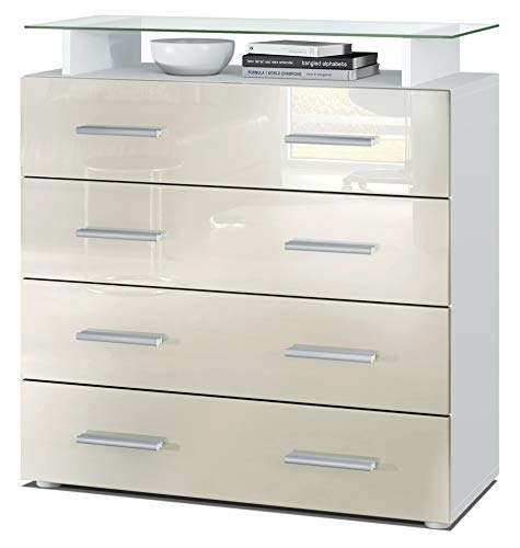 Vladon, Vladon Chest of Drawers Cabinet Pavos V2, Carcass in White matt/Front in Cream High Gloss