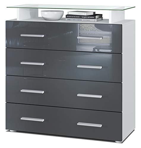 Vladon, Vladon Chest of Drawers Cabinet Pavos V2, Carcass in White matt/Front in Grey High Gloss