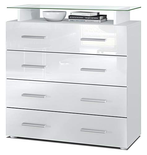 Vladon, Vladon Chest of Drawers Cabinet Pavos V2, Carcass in White matt/Front in White High Gloss