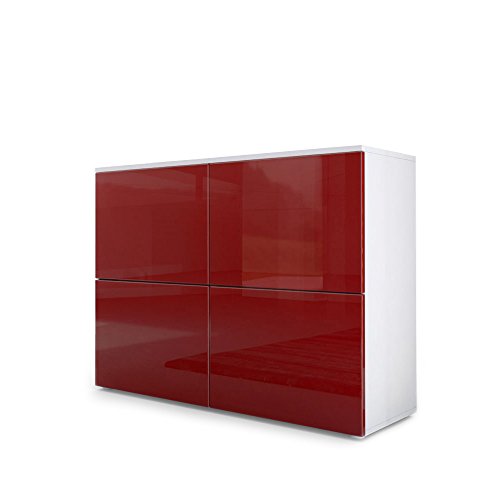 Vladon, Vladon Chest of Drawers Cabinet Rova, Carcass in White matt/Doors in Bordeaux High Gloss and Bordeaux High Gloss