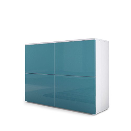 Vladon, Vladon Chest of Drawers Cabinet Rova, Carcass in White matt/Doors in Teal High Gloss and Teal High Gloss