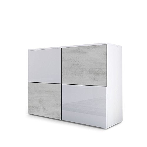Vladon, Vladon Chest of Drawers Cabinet Rova, Carcass in White matt/Doors in White High Gloss and Concrete Grey Oxid