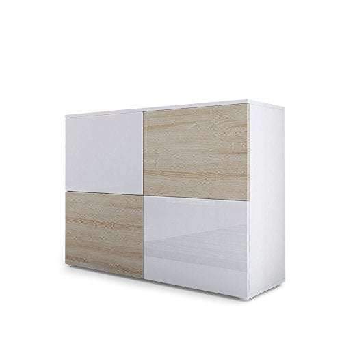 Vladon, Vladon Chest of Drawers Cabinet Rova, Carcass in White matt/Doors in White High Gloss and Rough-sawn Oak