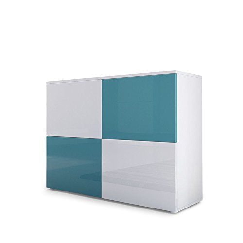 Vladon, Vladon Chest of Drawers Cabinet Rova, Carcass in White matt/Doors in White High Gloss and Teal High Gloss