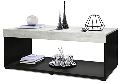 Vladon, Vladon Coffee Table Living Room Pure with Storage Shelf, Carcass in Black matt/Table Top and Front Panels in Concrete Grey Oxid