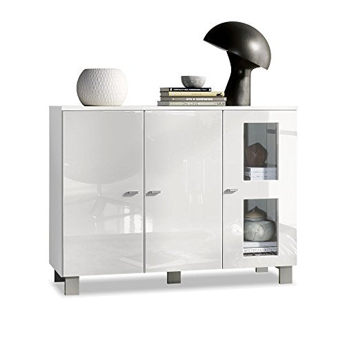 Vladon, Vladon Denjo Sideboard, Cabinet with 3 Doors, White matt/White High Gloss (107 x 81 x 35 cm)