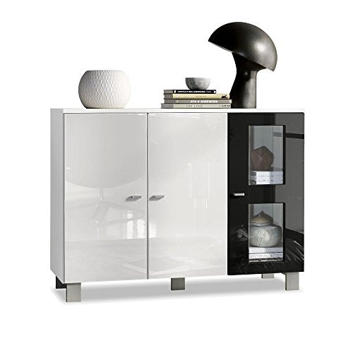 Vladon, Vladon Denjo Sideboard, Cabinet with 3 Doors, White matt/White High Gloss/Black High Gloss (107 x 81 x 35 cm)