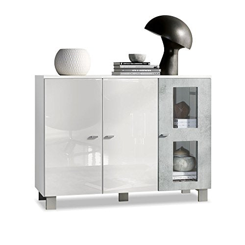Vladon, Vladon Denjo Sideboard, Cabinet with 3 Doors, White matt/White High Gloss/Concrete Grey Oxide (107 x 81 x 35 cm)