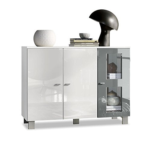 Vladon, Vladon Denjo Sideboard, Cabinet with 3 Doors, White matt/White High Gloss/Grey High Gloss (107 x 81 x 35 cm)