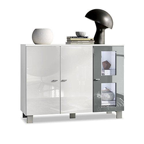 Vladon, Vladon Denjo Sideboard, Cabinet with 3 Doors, White matt/White High Gloss/Grey High Gloss, incl. LED lighting (107 x 81 x 35 cm)