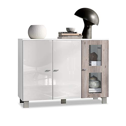 Vladon, Vladon Denjo Sideboard, Cabinet with 3 Doors, White matt/White High Gloss/Oak Nordic (107 x 81 x 35 cm)