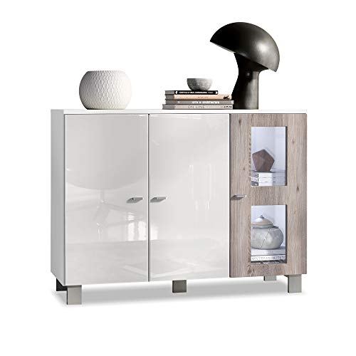 Vladon, Vladon Denjo Sideboard, Cabinet with 3 Doors, White matt/White High Gloss/Oak Nordic, incl. LED lighting (107 x 81 x 35 cm)