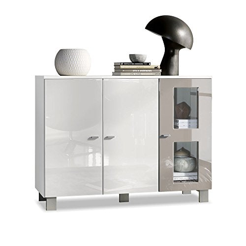 Vladon, Vladon Denjo Sideboard, Cabinet with 3 Doors, White matt/White High Gloss/Sand grey High Gloss (107 x 81 x 35 cm)
