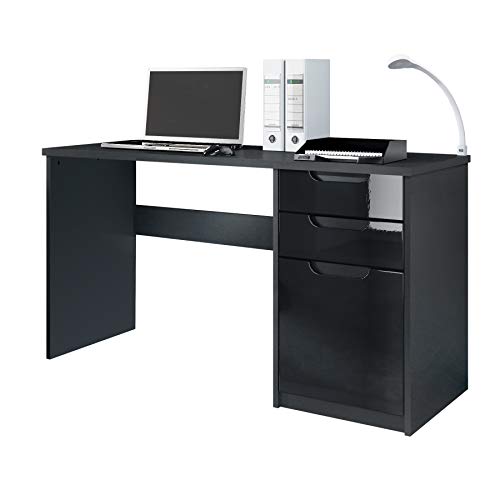 Vladon, Vladon Desk Bureau Office Furniture Logan, Carcass in Black matt/Fronts in Black High Gloss