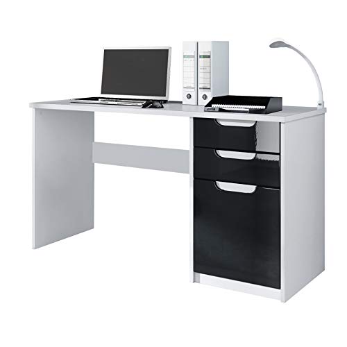 Vladon, Vladon Desk Bureau Office Furniture Logan, Carcass in White matt/Fronts in Black High Gloss