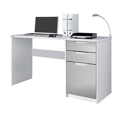 Vladon, Vladon Desk Bureau Office Furniture Logan, Carcass in White matt/Fronts in Light Grey satin-finished