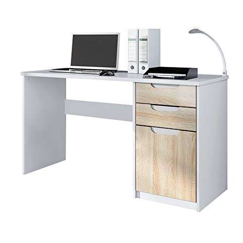 Vladon, Vladon Desk Bureau Office Furniture Logan, Carcass in White matt/Fronts in Rough-sawn Oak