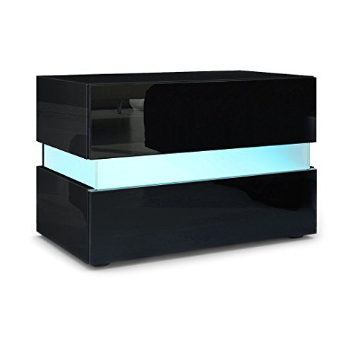 Vladon, Vladon Flow Bedside Table, Wall-Mounted Nightstand with Drawer, Black High Gloss/Black High Gloss, incl. LED lighting (60 x 45 x 39 cm)