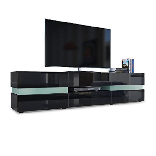 Vladon, Vladon Flow Lowboard, TV Unit with Ambient Light Glazing with 2 Doors, 1 Drawer and 1 Drop-Down Door, Black High Gloss/Black High