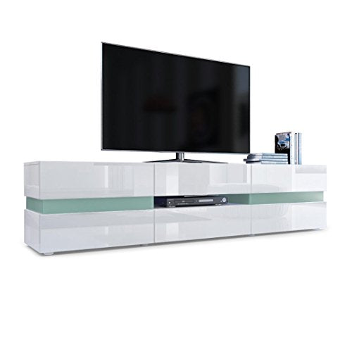 Vladon, Vladon Flow Lowboard, TV Unit with Ambient Light Glazing with 2 Doors, 1 Drawer and 1 Drop-Down Door, White High Gloss/White High