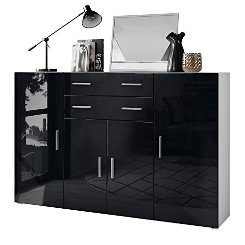 Vladon, Vladon Highboard Aron Sideboard with 8 Compartments and 2 Drawers, Carcass in White matt, Fronts in Black High Gloss