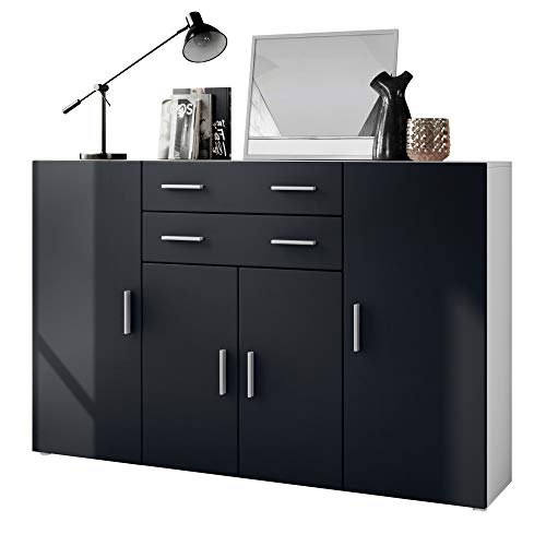Vladon, Vladon Highboard Aron Sideboard with 8 Compartments and 2 Drawers, Carcass in White matt, Fronts in Black matt